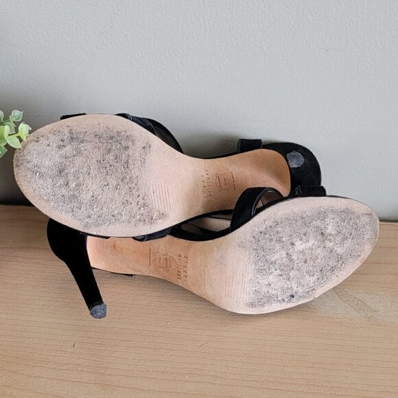 Stuart Weitzman T Strap Black Suede Double Ankle Buckle Strappy Heels Sandals - Picture 15 of 16